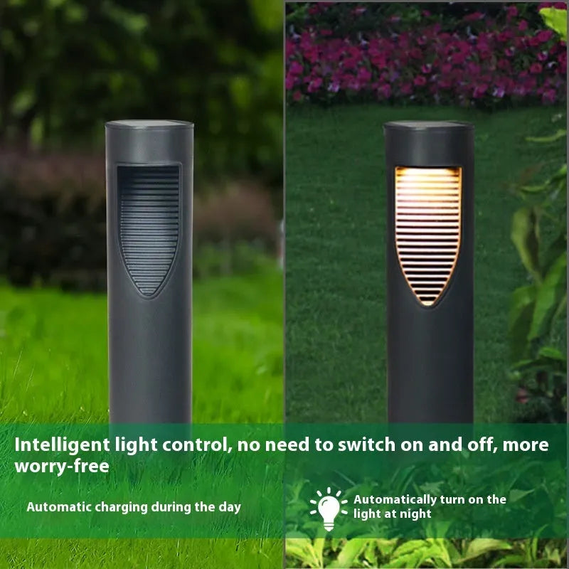 Black geometric abstract solar garden light with stainless steel construction for outdoor use