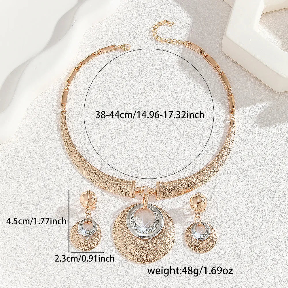 Gold alloy circle necklace and earrings set for women with celestial pattern options
