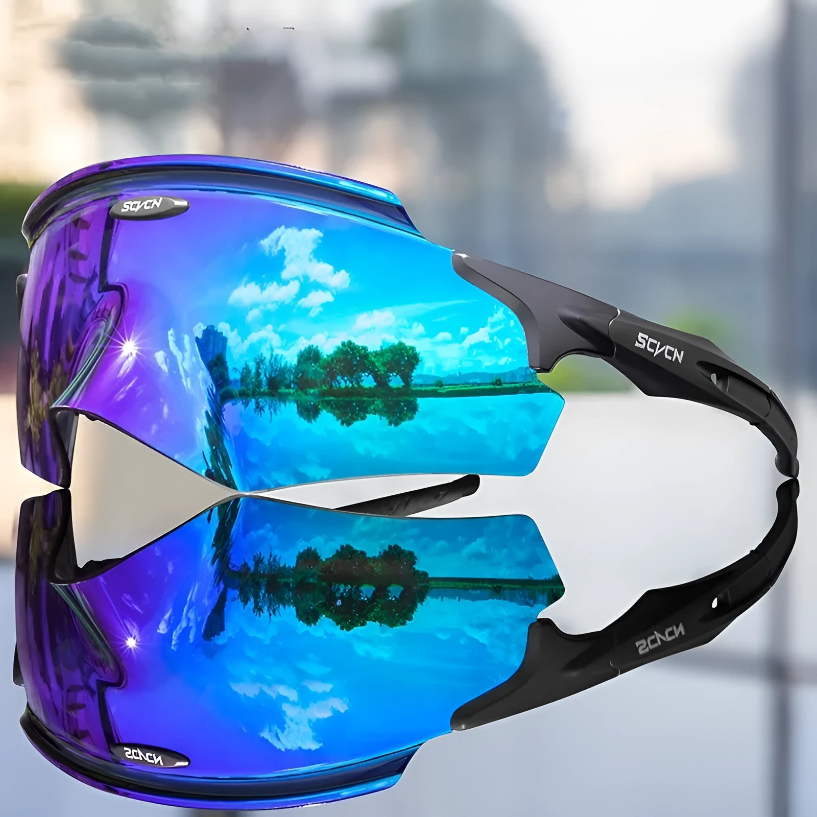 Frameless athletic windproof goggles with a colourful integrated lens.