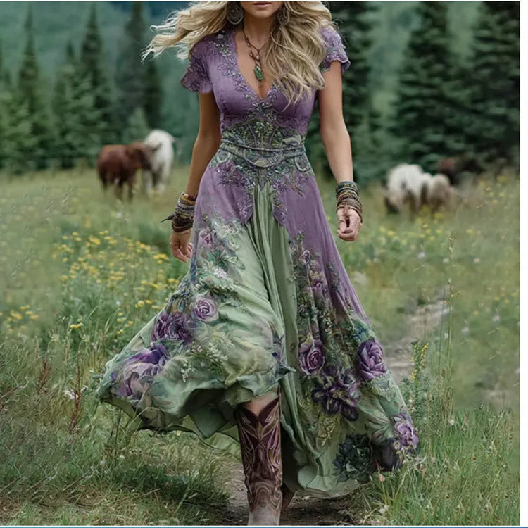 Women's loose artistic retro style dress with printed totem pattern, deep V-neck, and short sleeves.