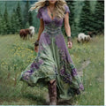 Women's loose artistic retro style dress with printed totem pattern, deep V-neck, and short sleeves.