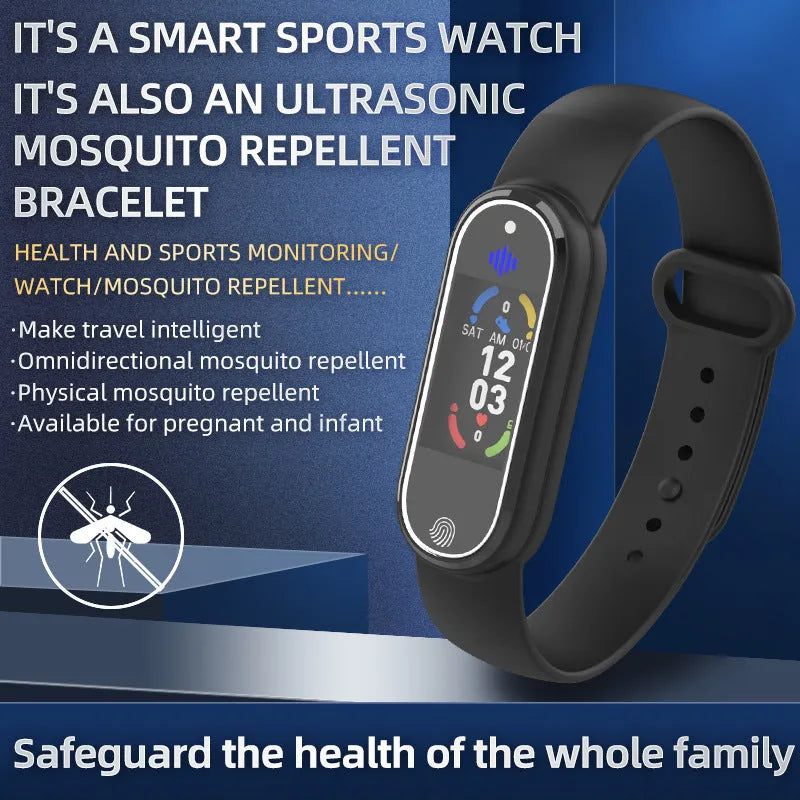 Electronic mosquito repellent bracelet with USB charging port, shown in black and white colour options