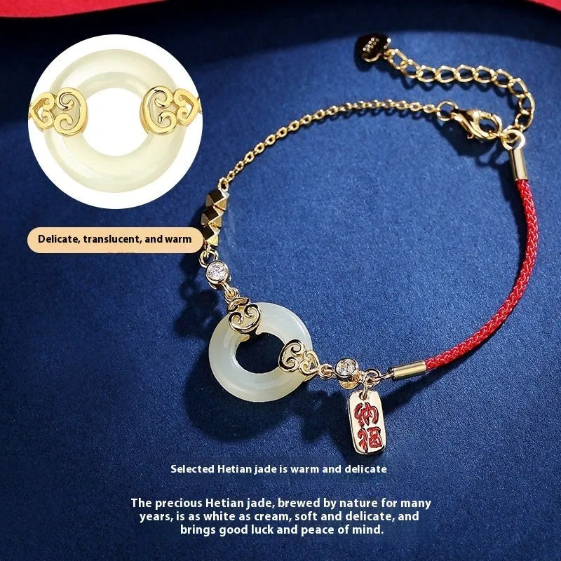 Hetian jade gourd bracelet, necklace, and earrings set in sterling silver with Fu Lu symbols.