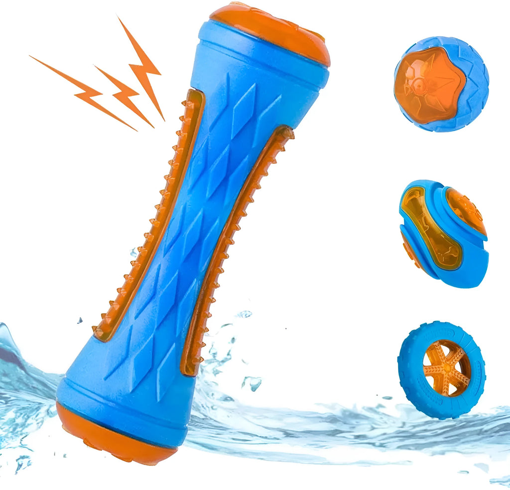Set of four colourful floating dog toys: a ball, a barbell, and two tyres, on a blue background.