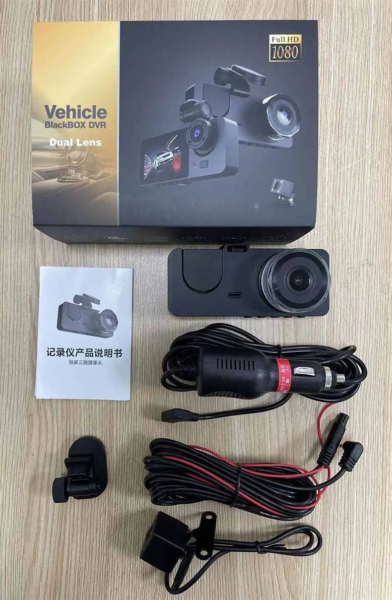 Black dashboard camera mounted on car windscreen recording HD 1080P front and rear video