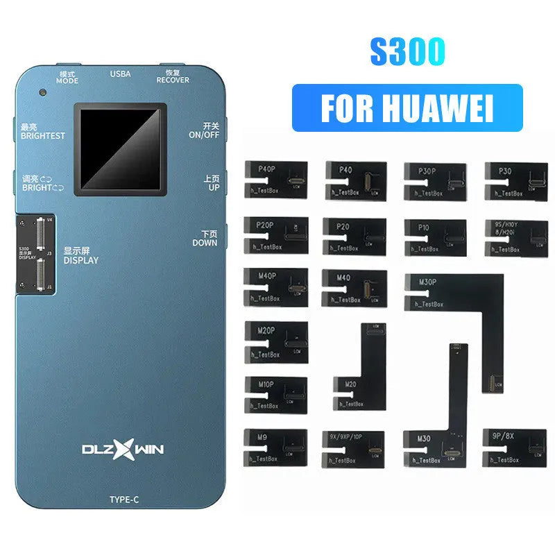 S300 model mobile phone screen tester for Huawei devices on a workshop bench.