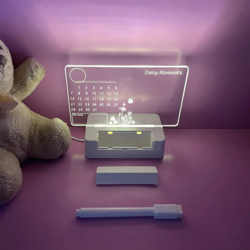 Acrylic bedside message writing board night light with LED calendar light sheet and pen on square base