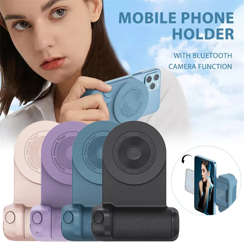 Black magnetic phone camera holder with rotatable bracket and ergonomic leather handle on a table.