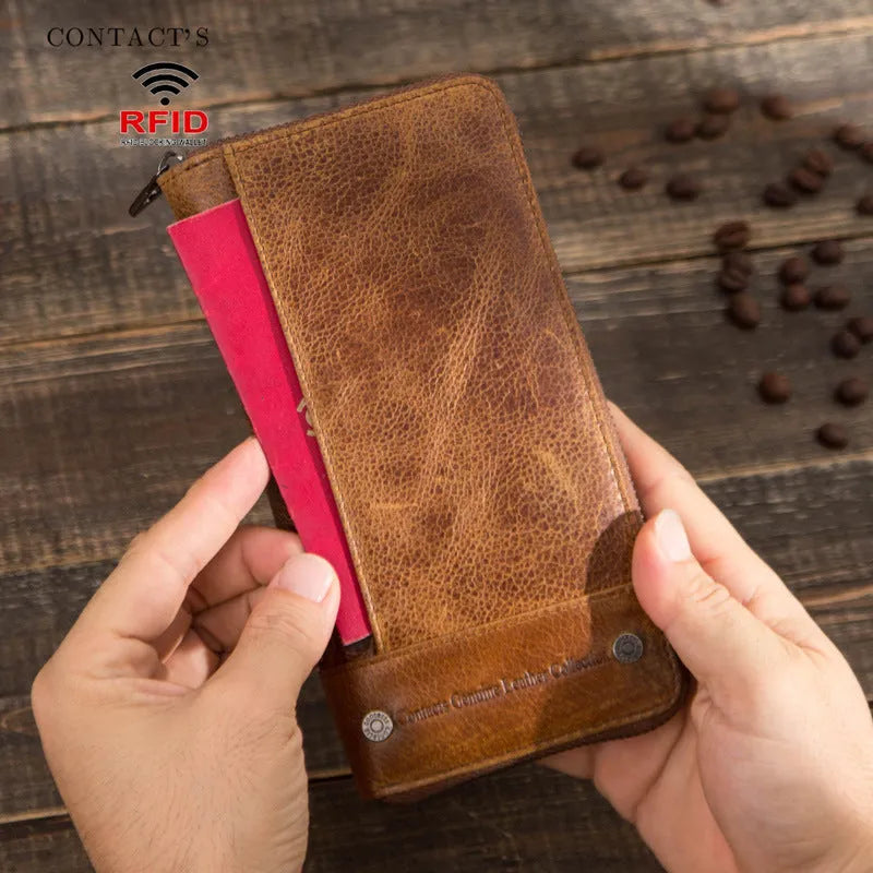 Genuine leather men's wallet with zipper and anti-theft card protection in brown colour option