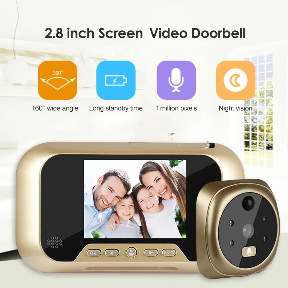 Gold video doorbell with 2.8-inch TFT screen showing infrared night vision mode on a wooden door