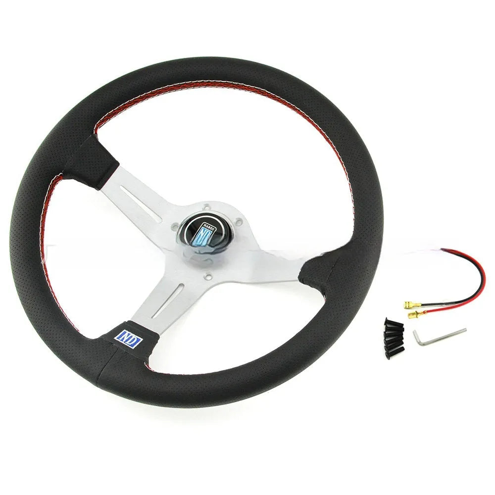 Leather-wrapped 14-inch steering wheel with concave sides on a black metal skeleton frame