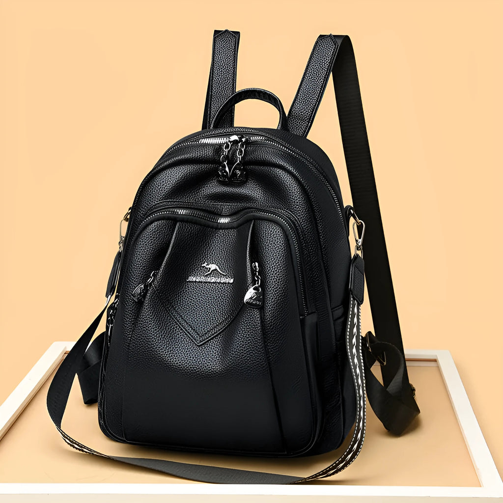 Geometric patchwork genuine leather backpack with belt decoration in beige available for travel
