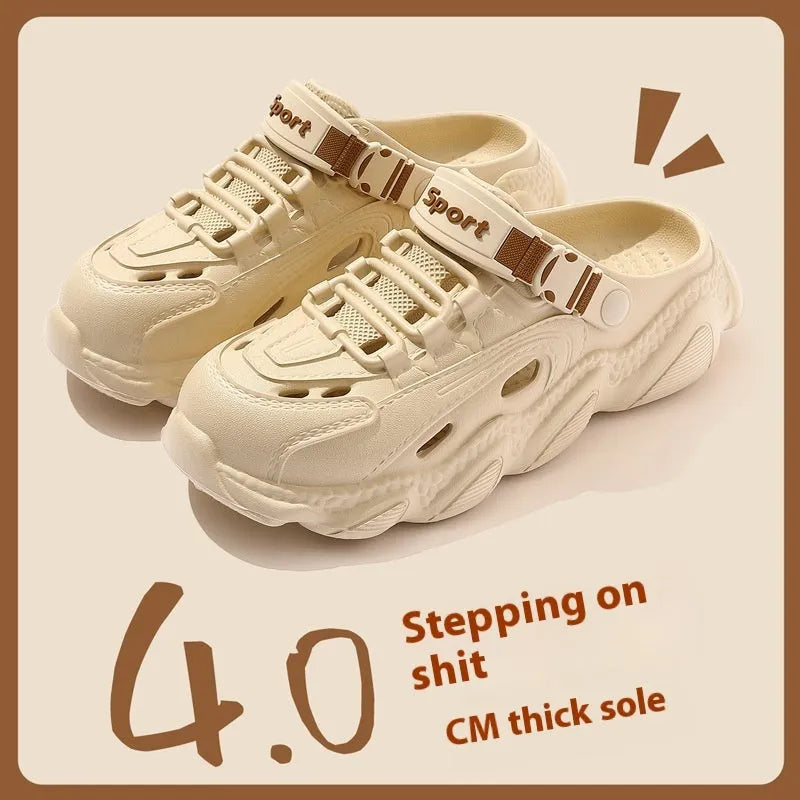 Men's khaki outdoor summer slippers showing hollow-out design and textured EVA sole