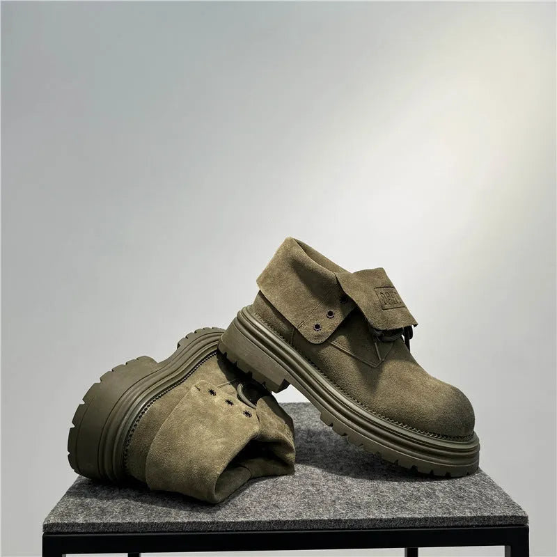 Men's retro distressed cow suede worker ankle boots with thick sole and two-way zip, shown in camel colour.