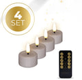 Four taupe-coloured flameless LED tealight candles showing size and colour.
