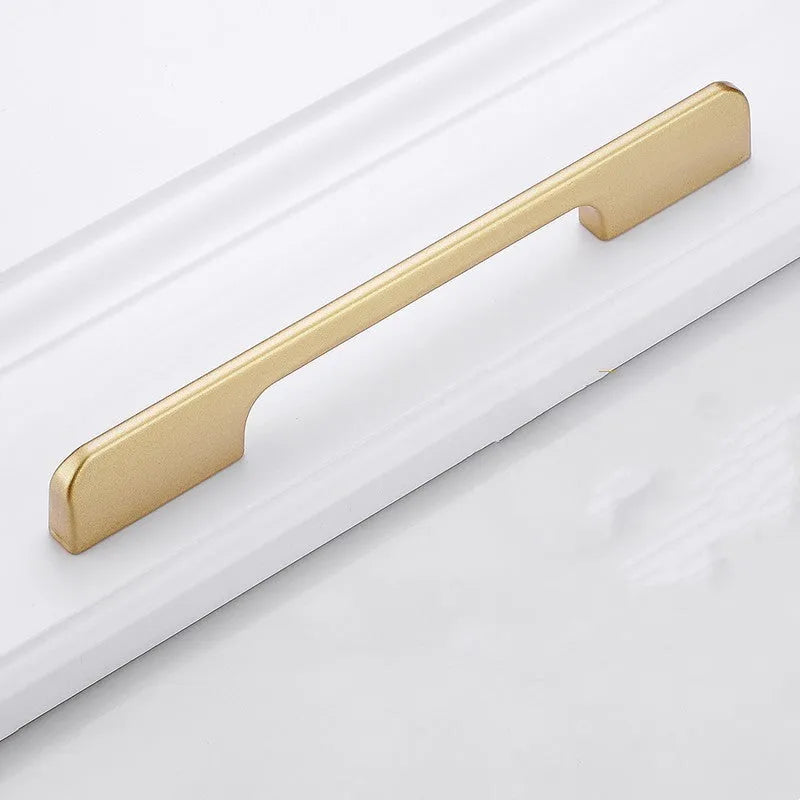 Modern gold T-shaped aluminium alloy cabinet handle showing hole spacing options.