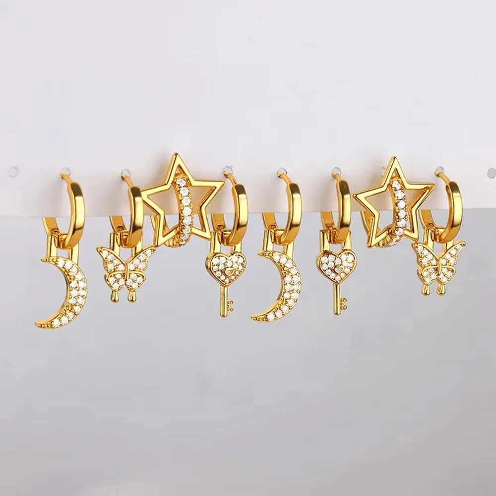 Women's copper butterfly earrings with heart, bow, and star geometric shapes in multiple colours.