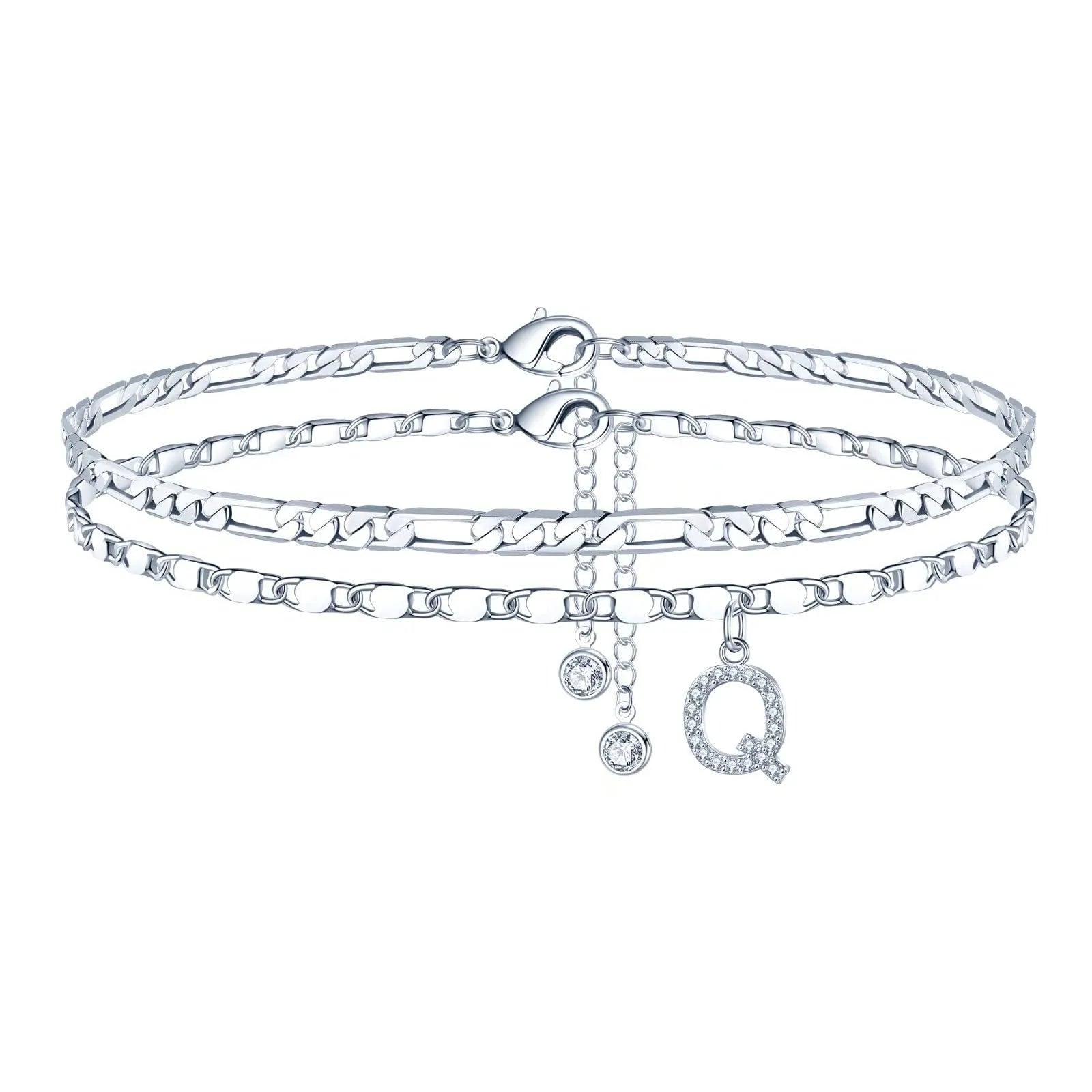 Silver colour copper anklet with double-circle design and text bead elements on ankle