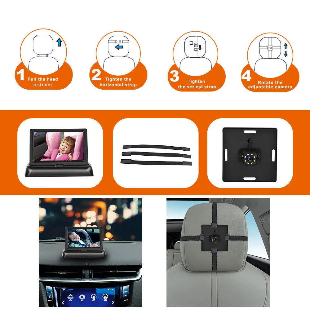 Black folding car baby monitor with 4.3-inch screen and 6m camera for 12-24V vehicles