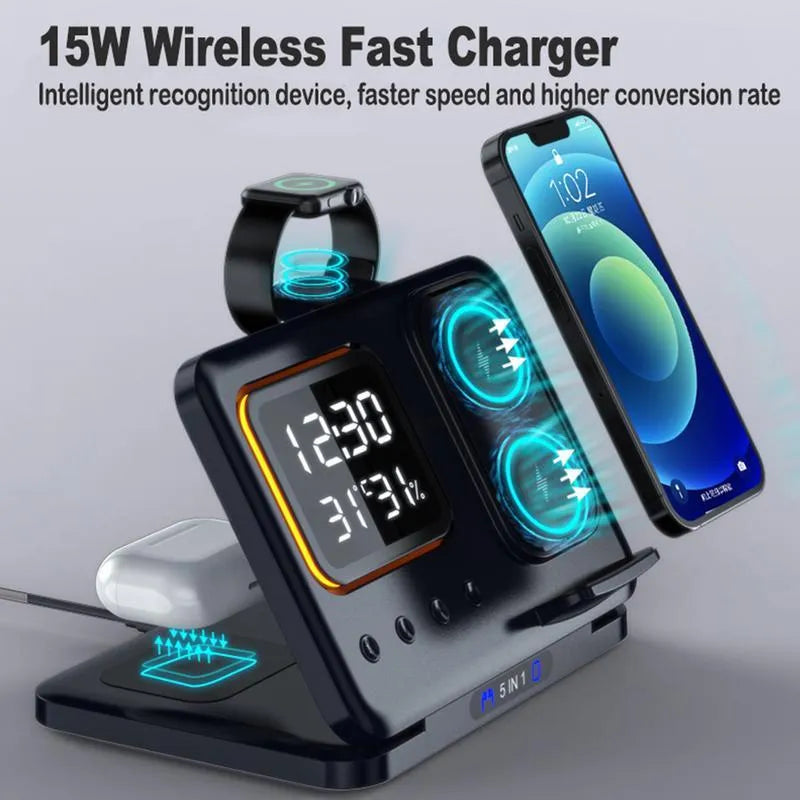 Black 5-in-1 wireless charging station displaying time and temperature, charging a phone and a smartwatch.