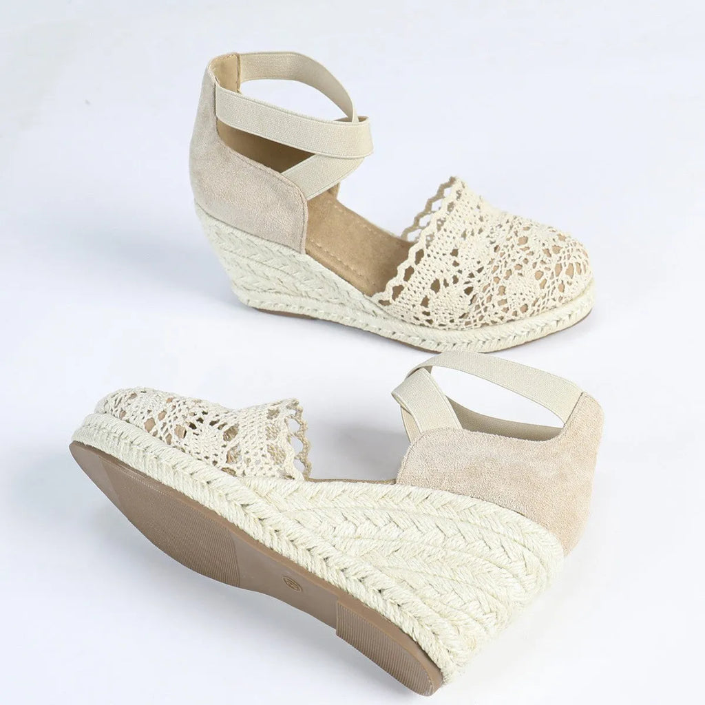 Women's canvas wedge sandals in Roman style with round toe, shown in apricot colour