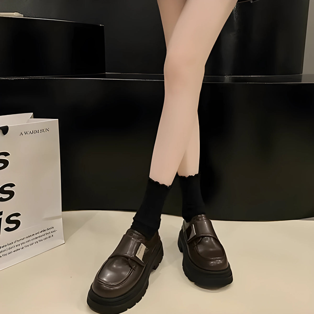 Women's black chunky heel shoes with 6-8cm square heel, microfiber upper, cross strap, round toe, low top
