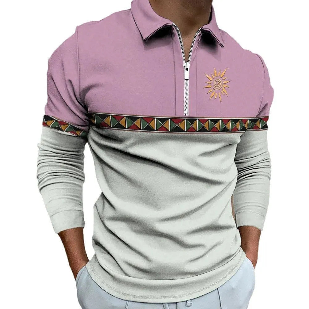 Men's loose-fit long-sleeve golf t-shirt with striped retro print and chest zipper decoration.