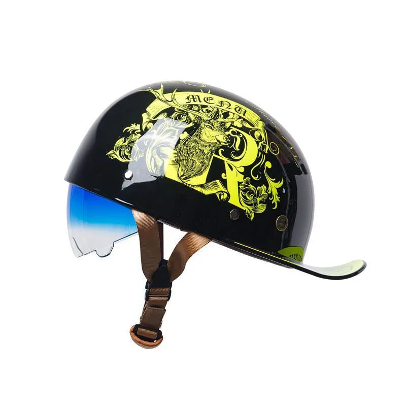 Men's bright black retro half helmet for electric bicycles with a gradient blue lens.