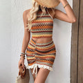 Orange sleeveless halter vest and short skirt two-piece set with striped and plaid pattern