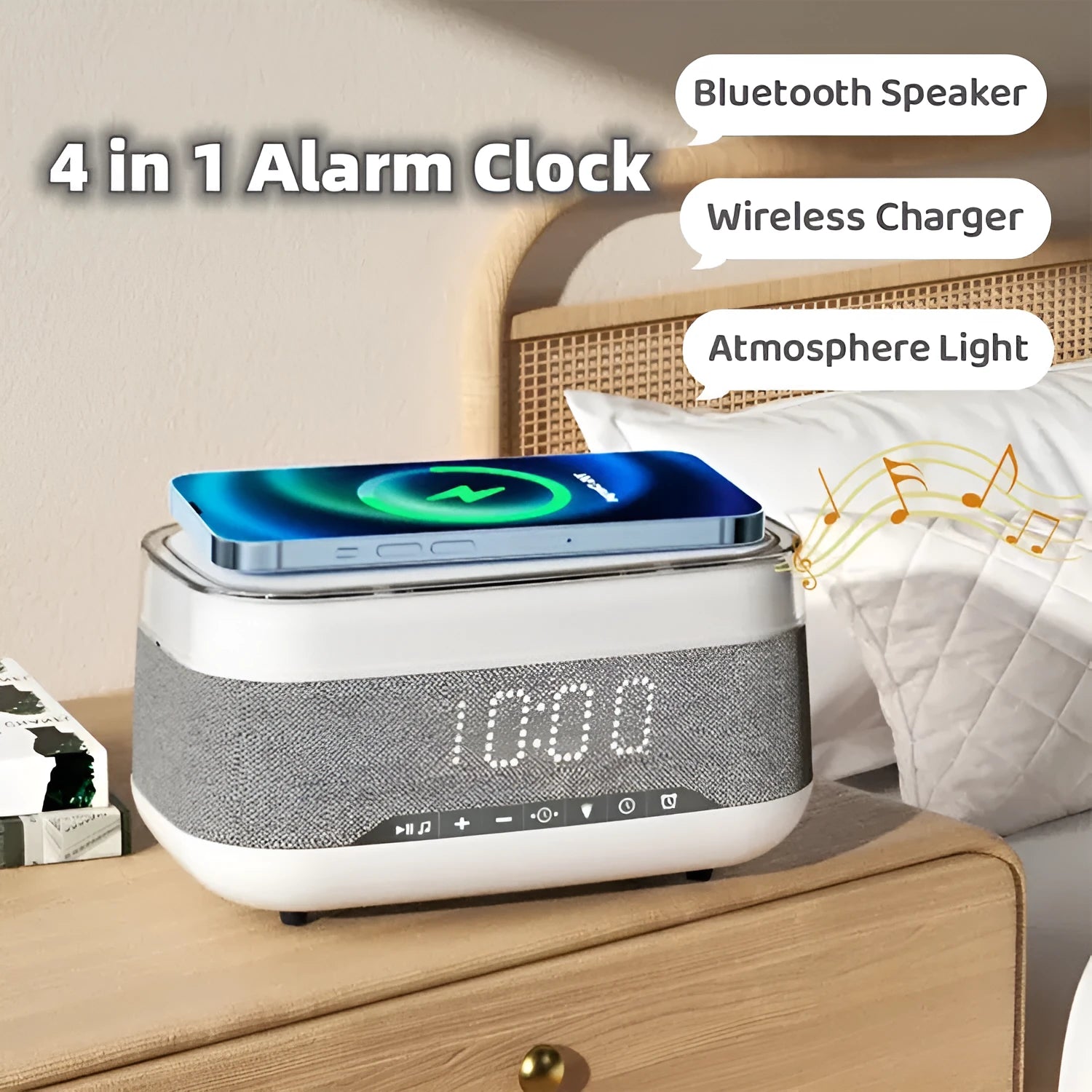 White multifunctional alarm clock with Bluetooth speaker and wireless charging pad on wooden table