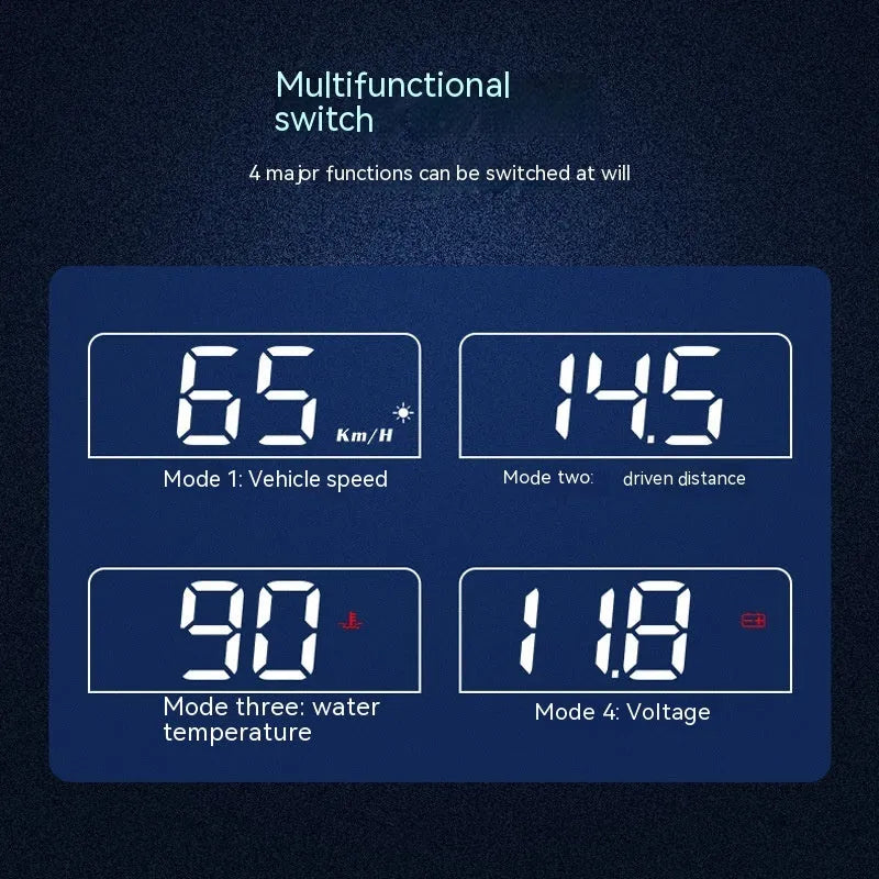 Black car head-up display unit on a dashboard, showing a projected speed readout on the windscreen.
