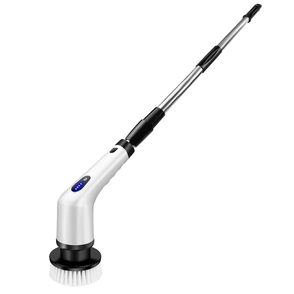 White rechargeable handheld cleaning brush with multiple power adapters for household use