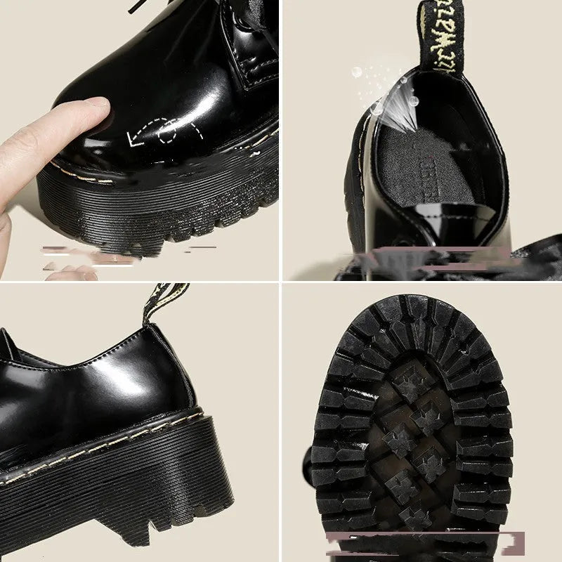 Black women's thick soled lace-up shoes with a cross-strap and ribbon detail on the front.