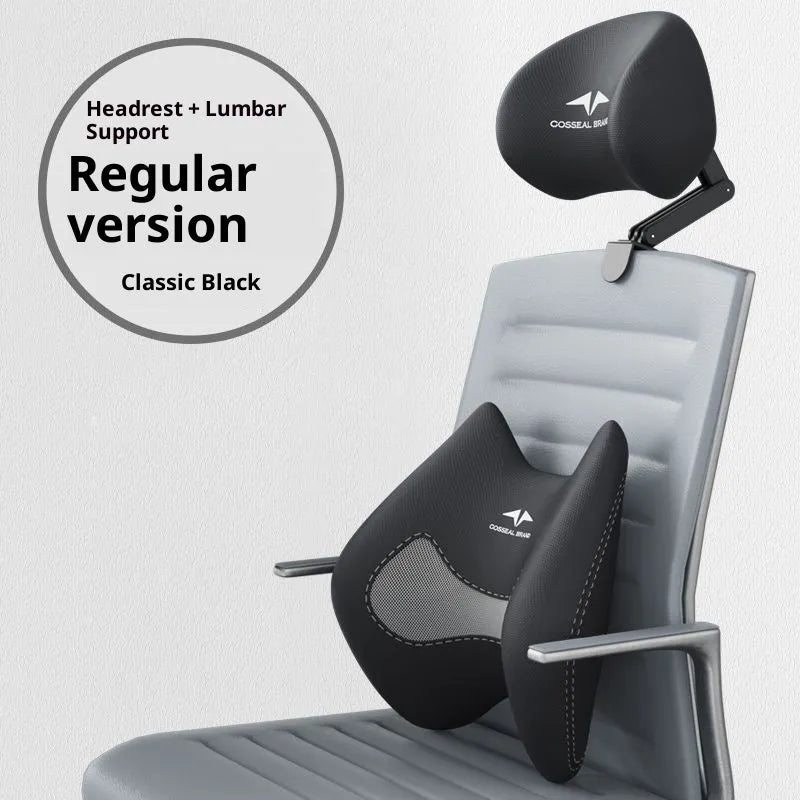 Adjustable punch-free chair headrest and lumbar support pillow in classic black with sponge or memory foam inner core