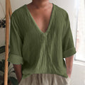 Men's long sleeve V-neck cotton t-shirt in solid colour with British style detailing