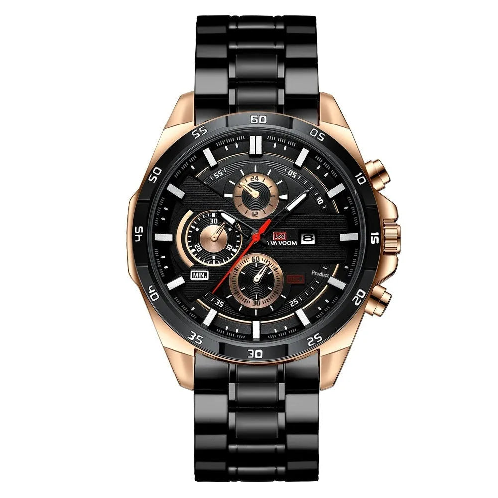 Men's casual watch with brown leather strap, white dial, rose gold case, and day-date window.