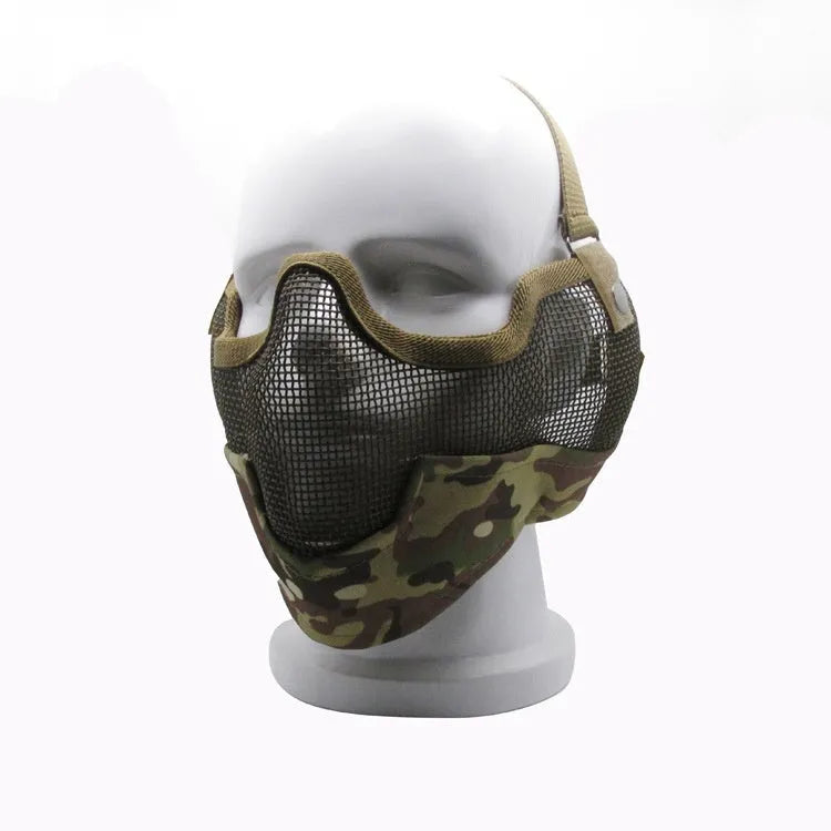 Carbon steel head-mounted net face mask in camouflage colour option.