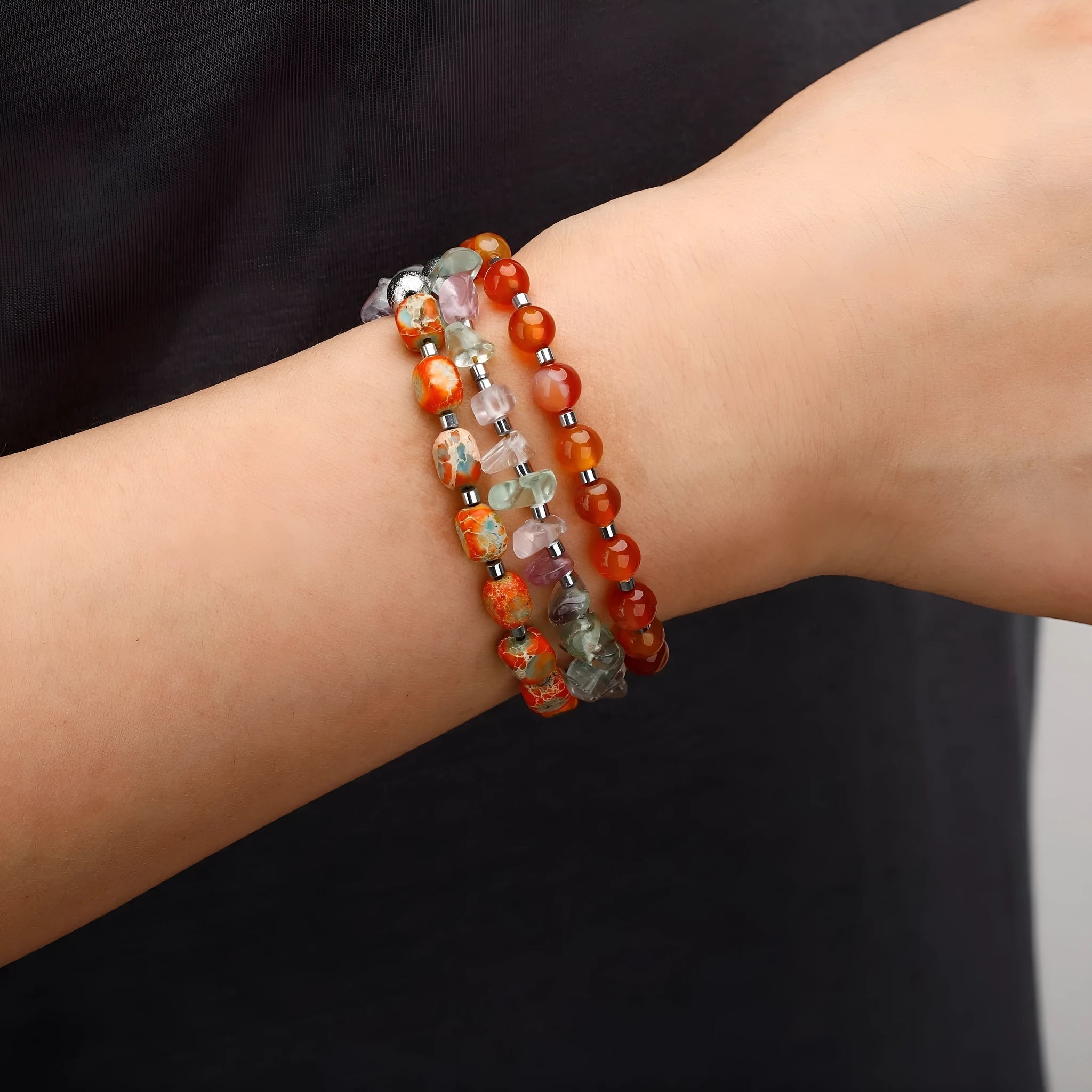 Red agate hand-woven bracelet with geometric beads and texture design