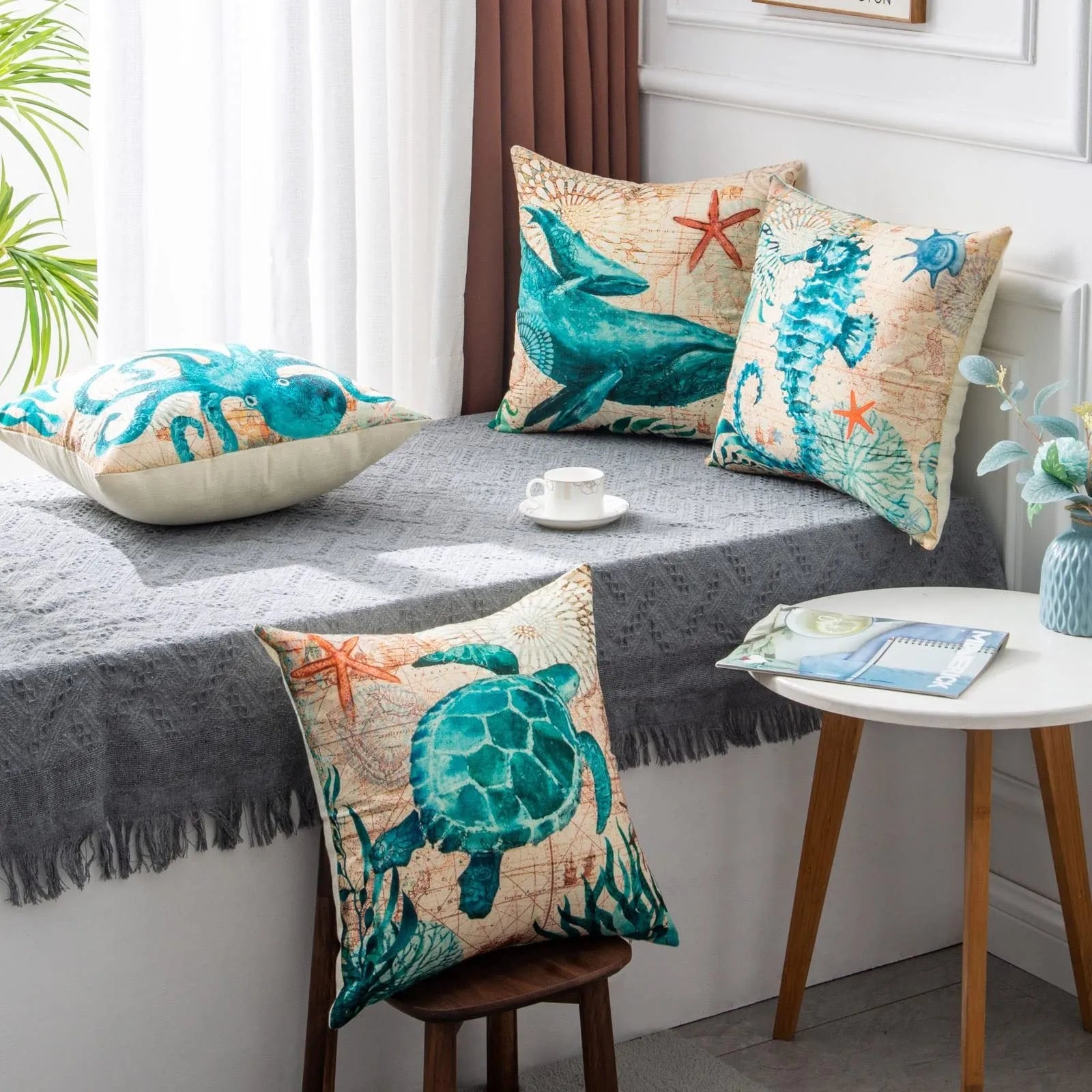 Square linen cushion cover with a colourful high-definition sea turtle print, showing the invisible zipper.