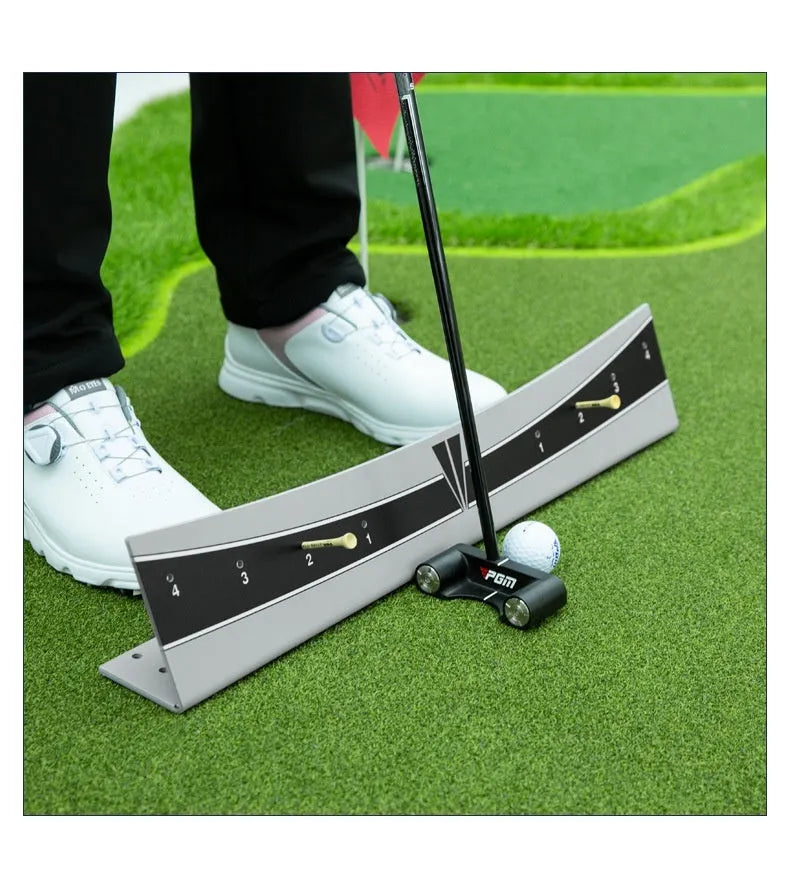 Golf putter trajectory balance simulator with adjustable push rod on a green putting mat