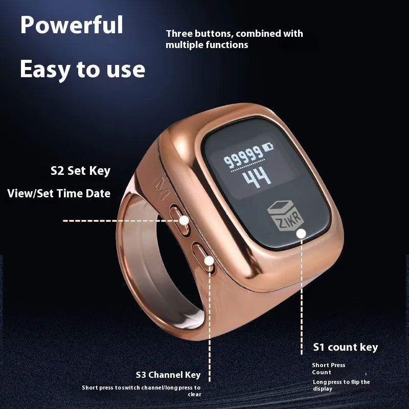 Al-fatiha digital electronic wrist counter with display screen shown in multiple colour options.