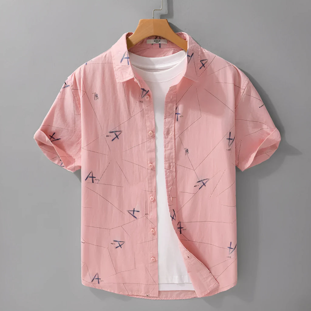 Men's light green pure cotton loose fit short sleeve cardigan shirt with letter print design
