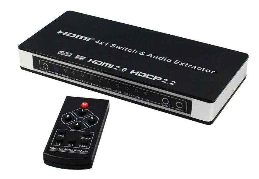 Black 4-port HDMI audio video switch with remote control and 10-metre HDMI cable