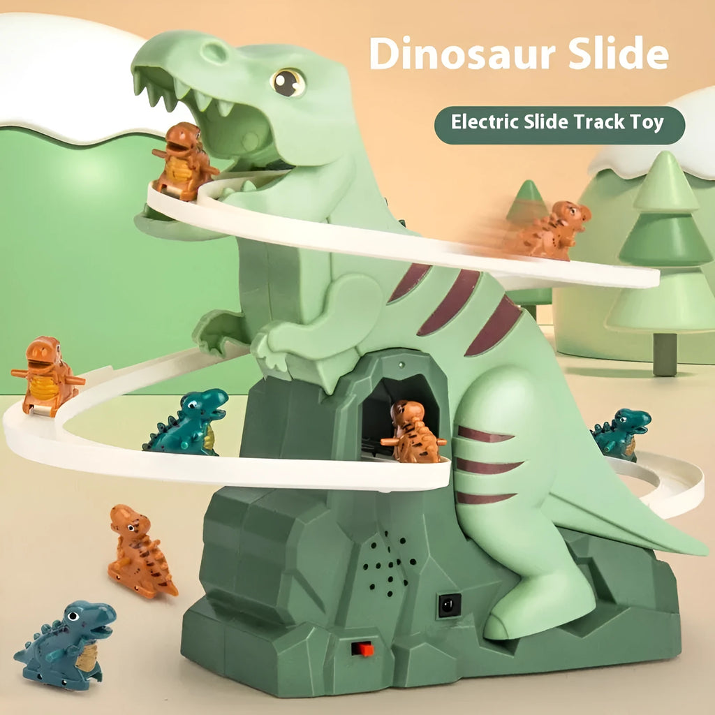 Dinosaur assembled electric slide track toy car with plastic track and moving dinosaur figures for kids
