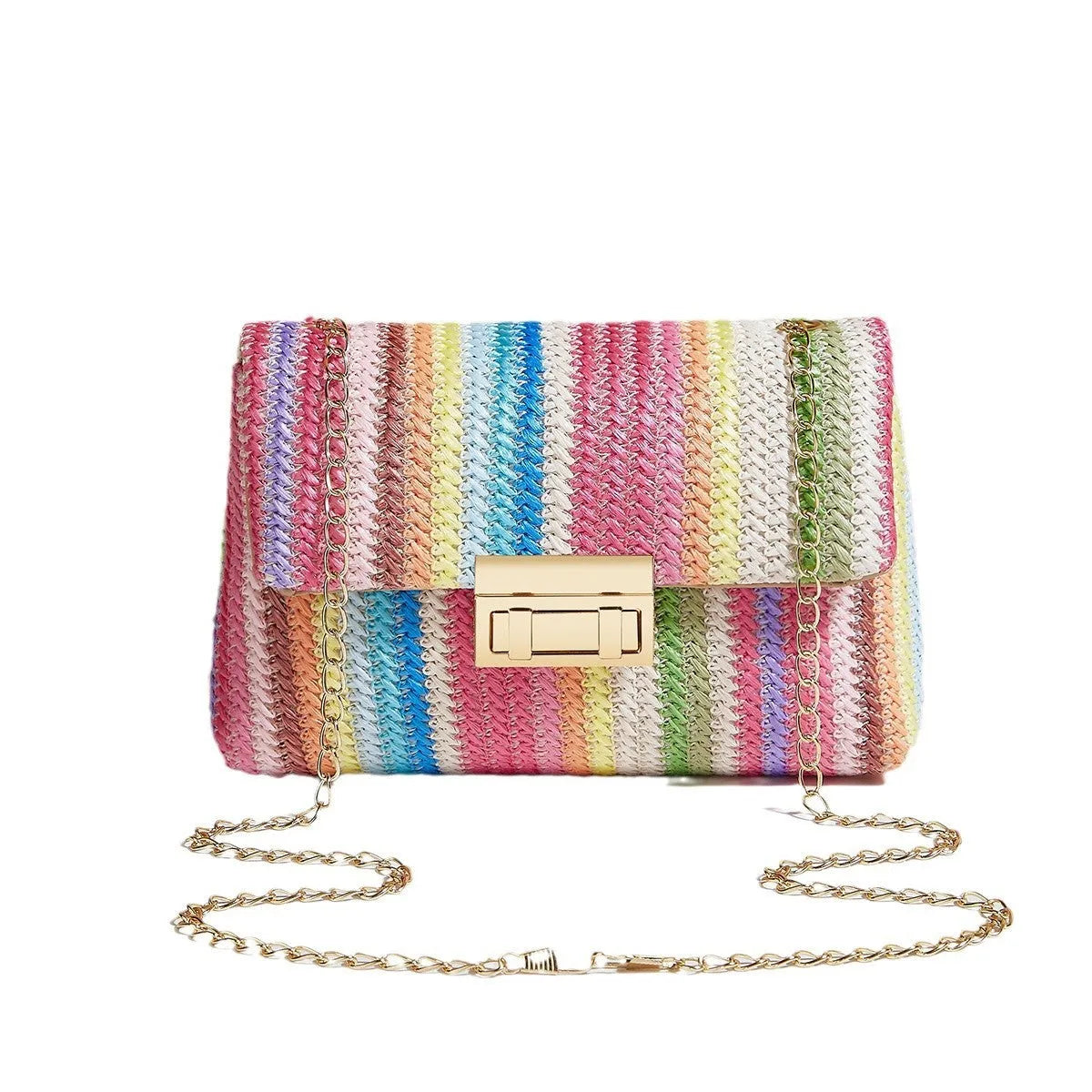 Soft woven straw women's cross-body bag in a small square shape, shown in rainbow colour with a single shoulder strap.