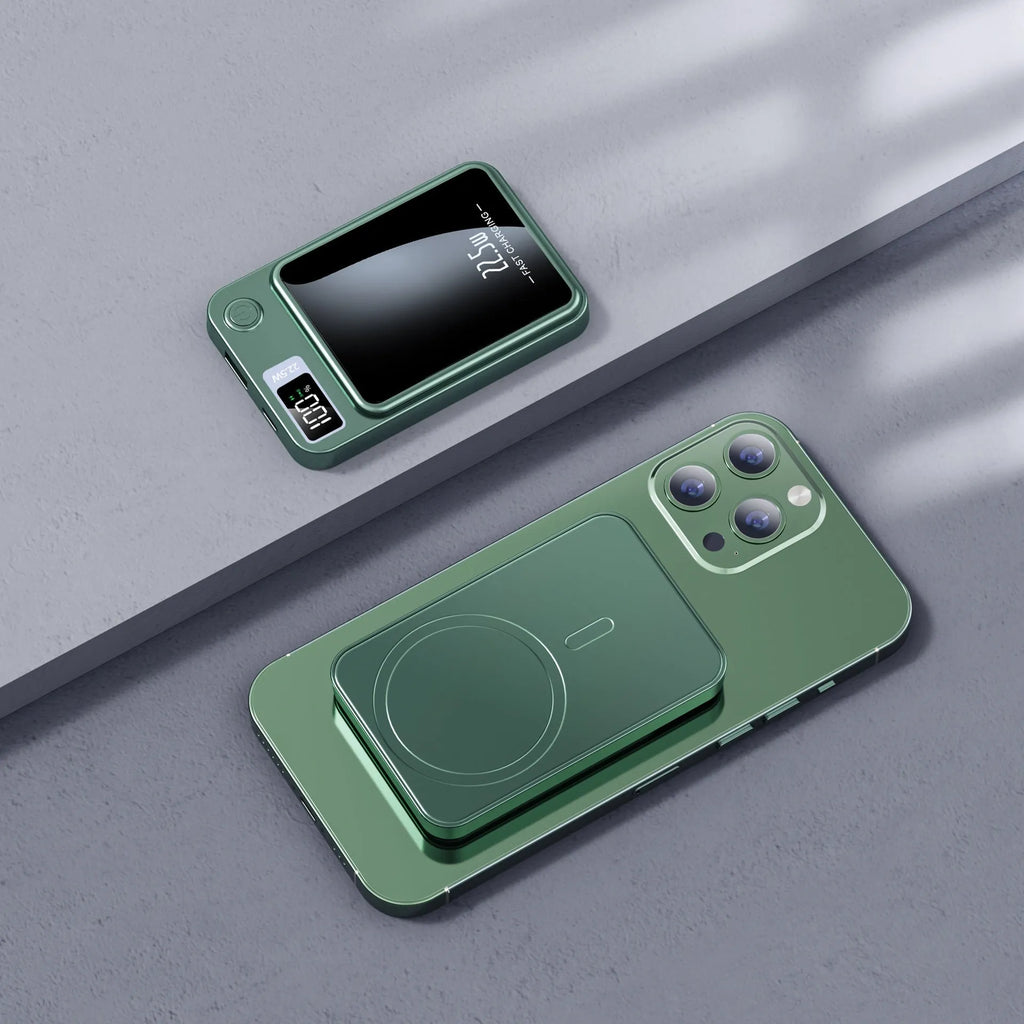 Black wireless power bank with 10000mAh capacity and MagSafe charging compatibility