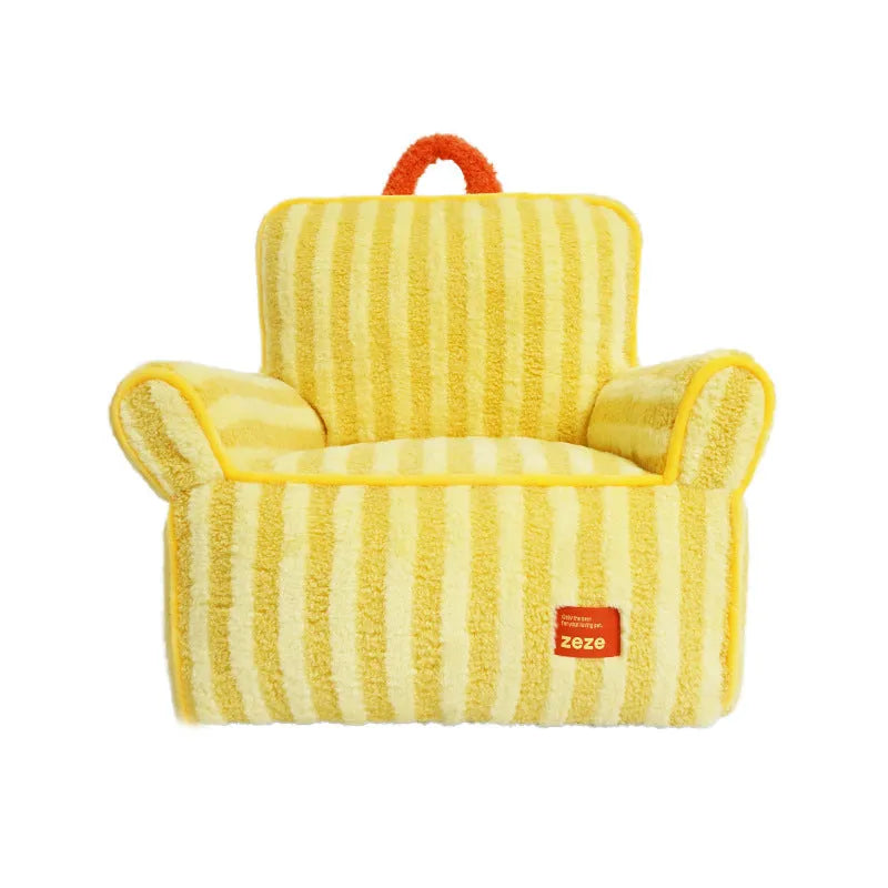 Striped soft velvet pet bed with removable cover in orange, purple, or yellow.