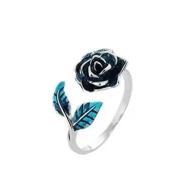 Retro blue enamel rose ring with adjustable copper band, silver or blue colour options, casual women's jewellery.