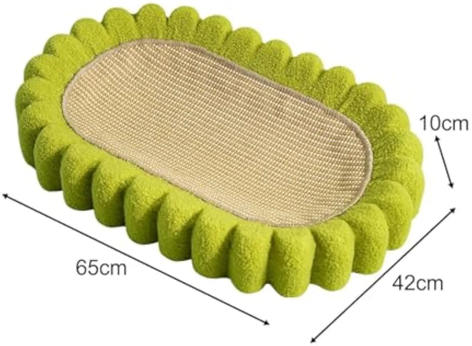 Green oval cat scratching pad and bed made from sisal fibre.