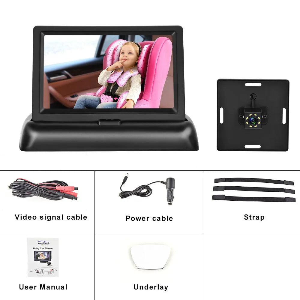Black folding car baby monitor with 4.3-inch screen and 6m camera for 12-24V vehicles